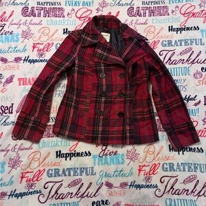 Old Navy Red Plaid Double-Breasted Pea Coat. Size medium
